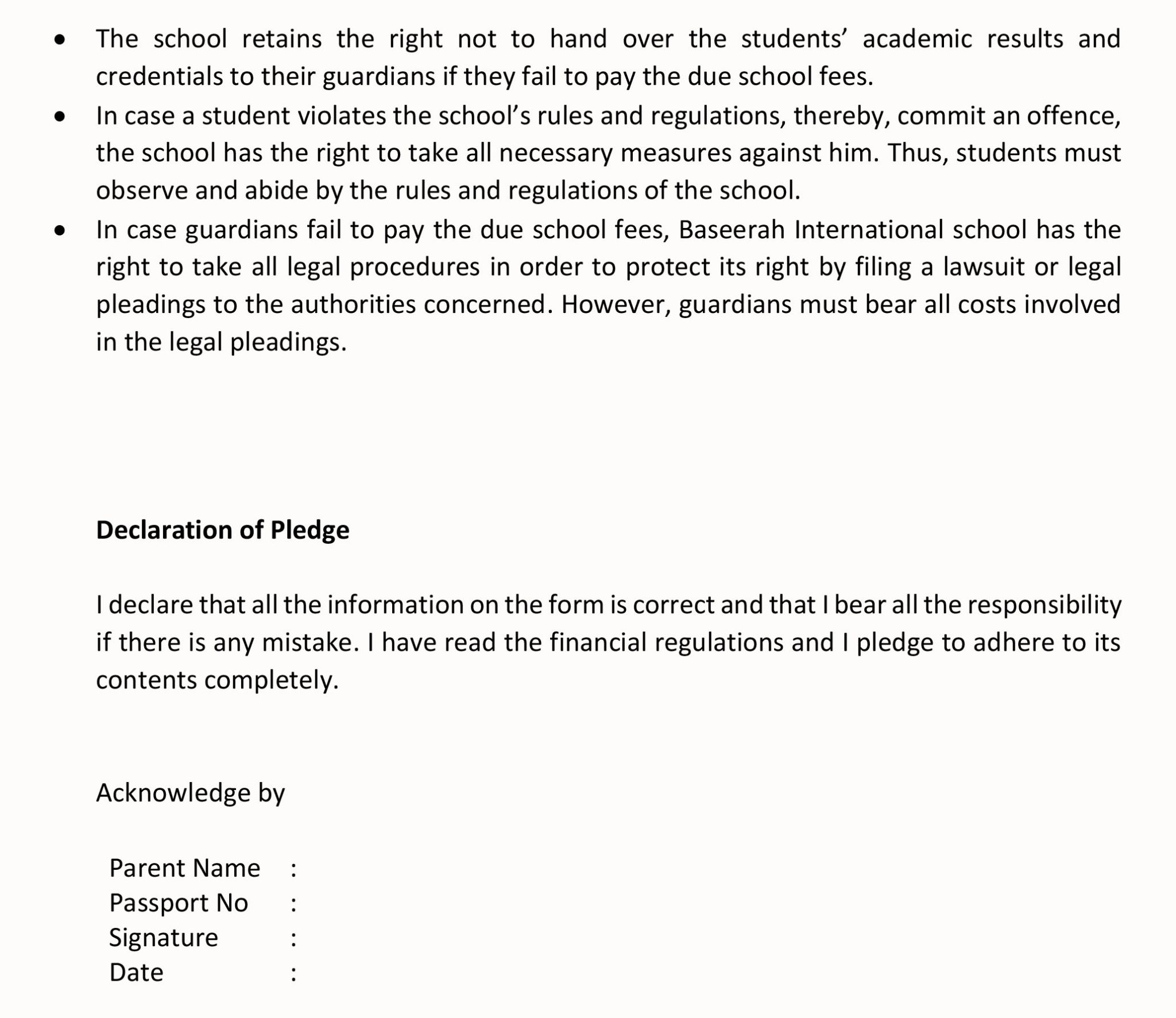 Consent Agreement Baseerah International School Malaysia